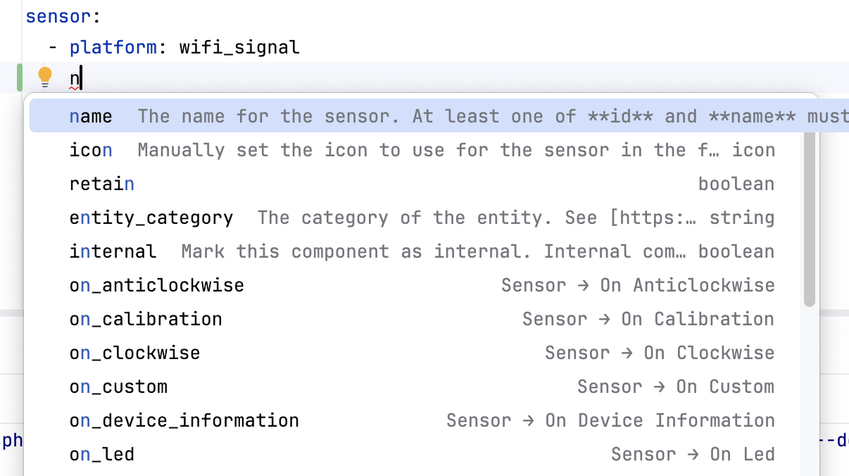 Completion popup under a wifi_signal sensor offering name (string) and internal (boolean) with descriptions
