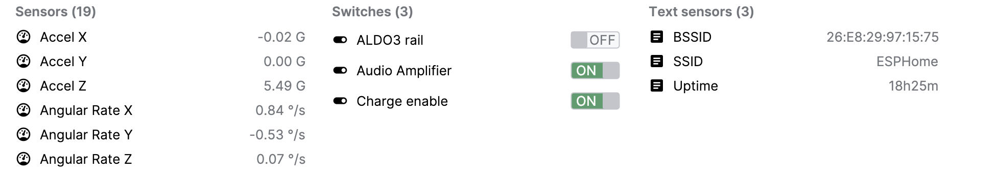 ESPHome Device tool window showing Sensors, Switches and Text sensors in columns, with values, units and on/off toggles