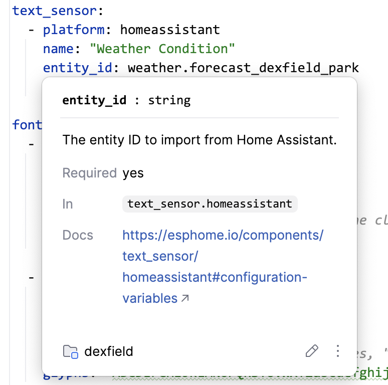 Hover documentation popup for an ESPHome config field