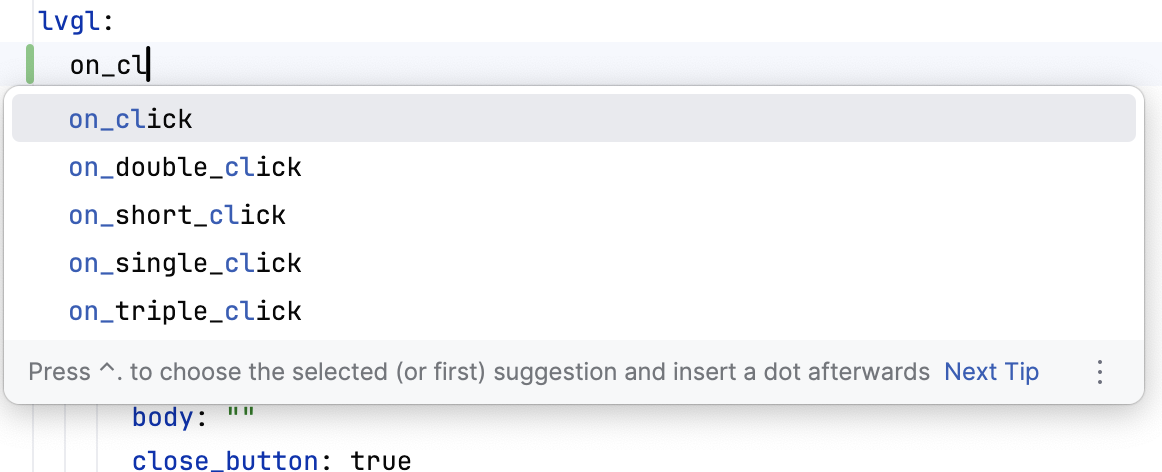 LVGL completion popup showing resume_on_input (boolean) and scroll_on_focus (string) under an lvgl on_ trigger