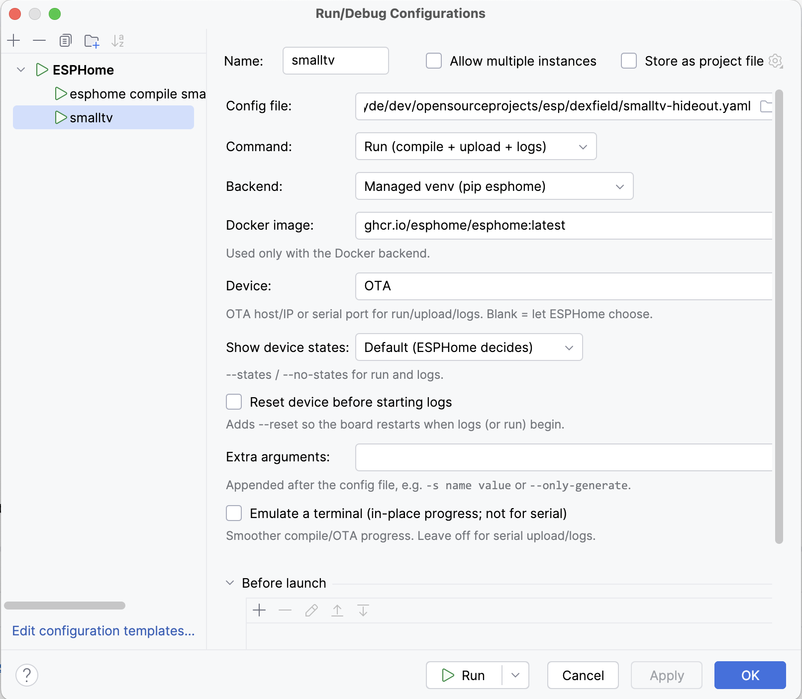 ESPHome run configuration dialog: command, backend, device, state reporting and options
